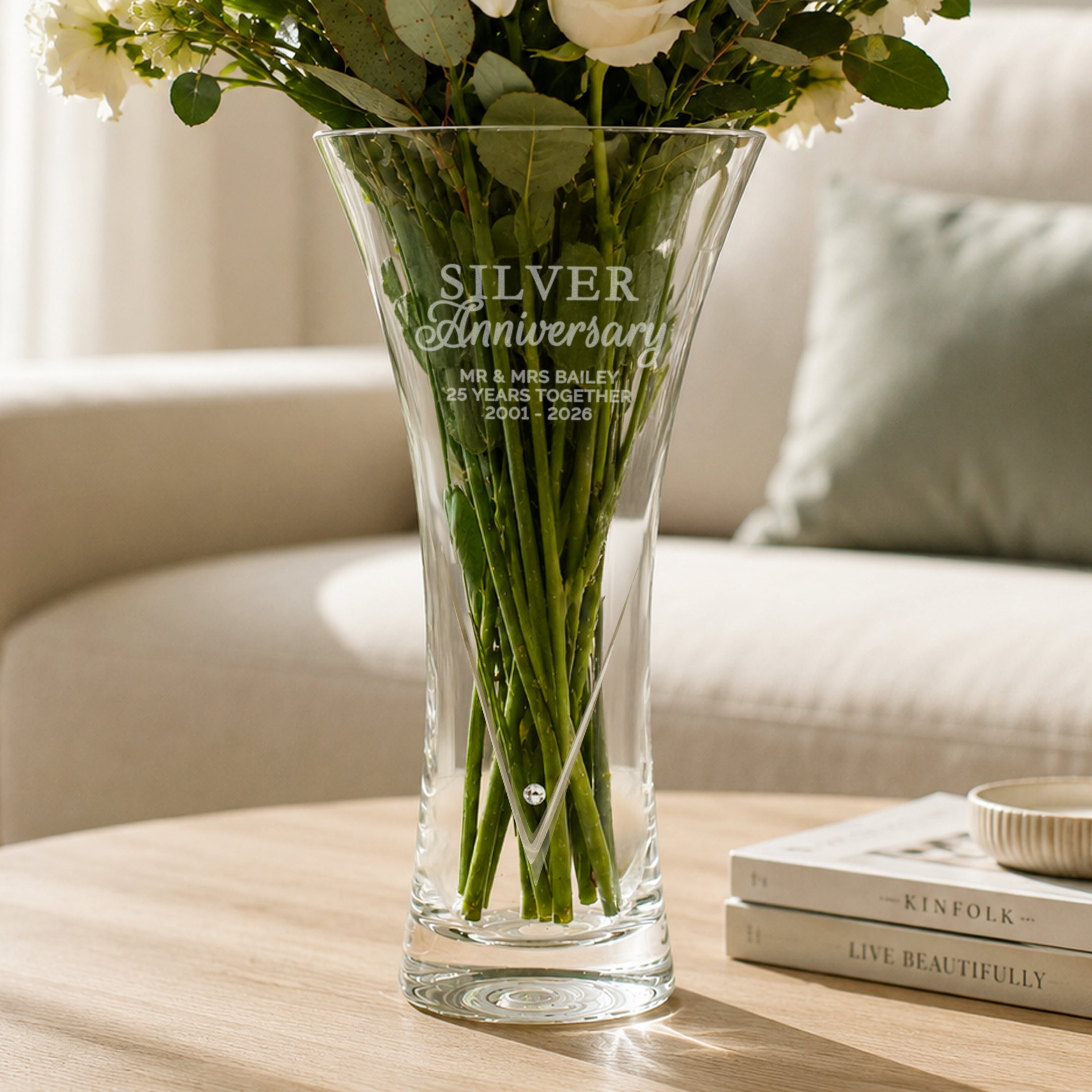 Personalised Silver Anniversary Large Hand Cut Diamante Heart Vase from Heartfelt Gifts