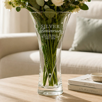 Personalised Silver Anniversary Large Hand Cut Diamante Heart Vase from Heartfelt Gifts