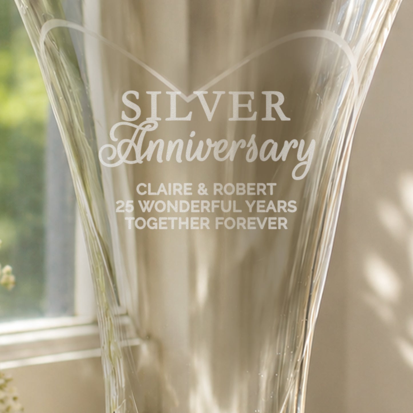 Personalised Silver Anniversary Large Hand Cut Diamond Effect Heart Vase - image 2