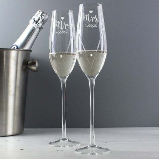 Personalised Hand Cut Mr & Mrs Pair of Flutes in Gift Box from Heartfelt Gifts