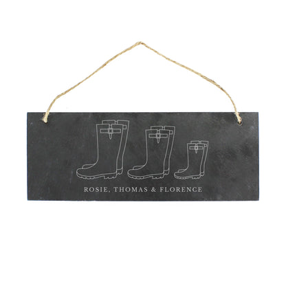 Personalised Welly Boot Family of Three Hanging Slate Plaque - image 2
