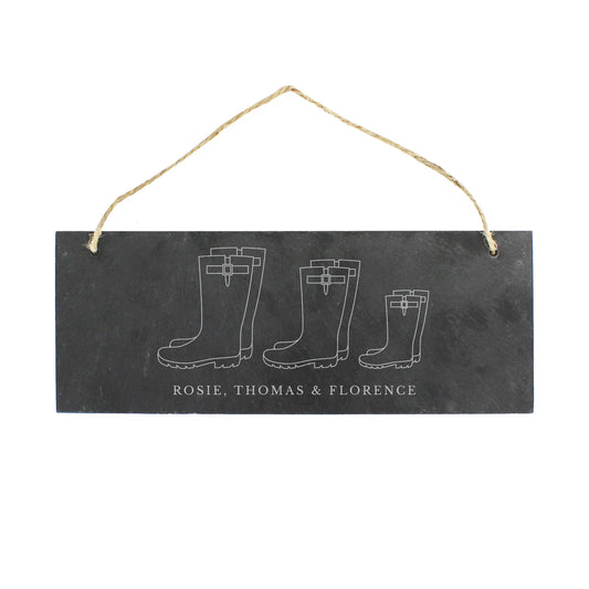 Personalised Welly Boot Family of Three Hanging Slate Plaque - image 2