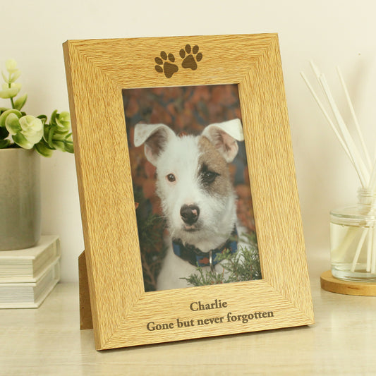 Personalised Oak Finish 6x4 Paw Prints Photo Frame from Heartfelt Gifts