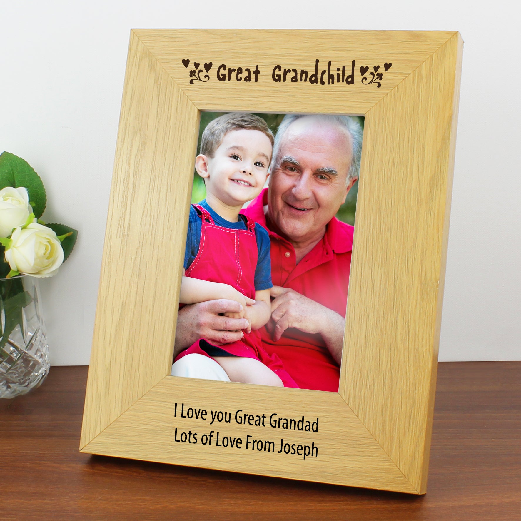 Personalised Oak Finish 6x4 Great Grandchild Photo Frame from Heartfelt Gifts
