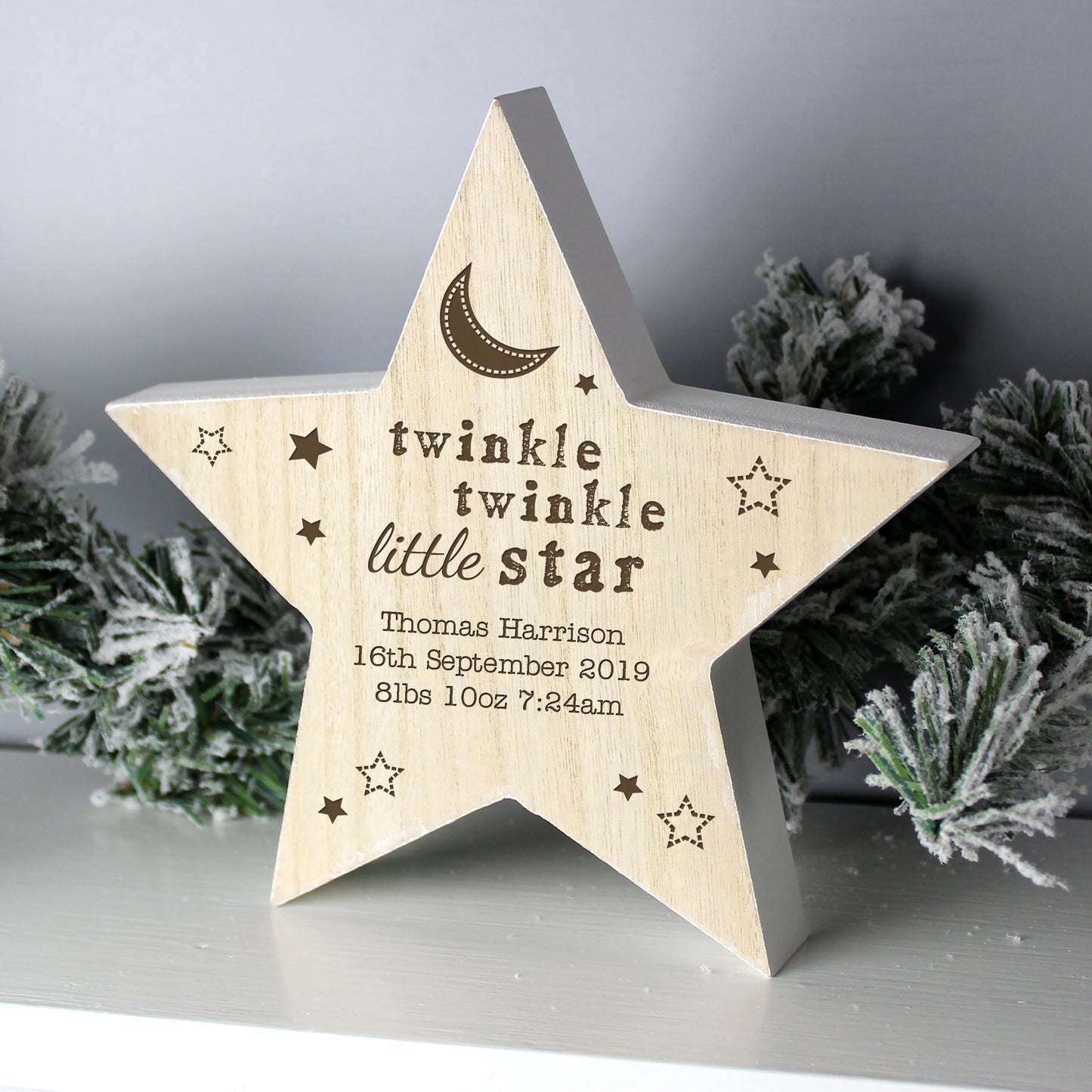Personalised Twinkle Twinkle Rustic Wooden Star Decoration - image 3