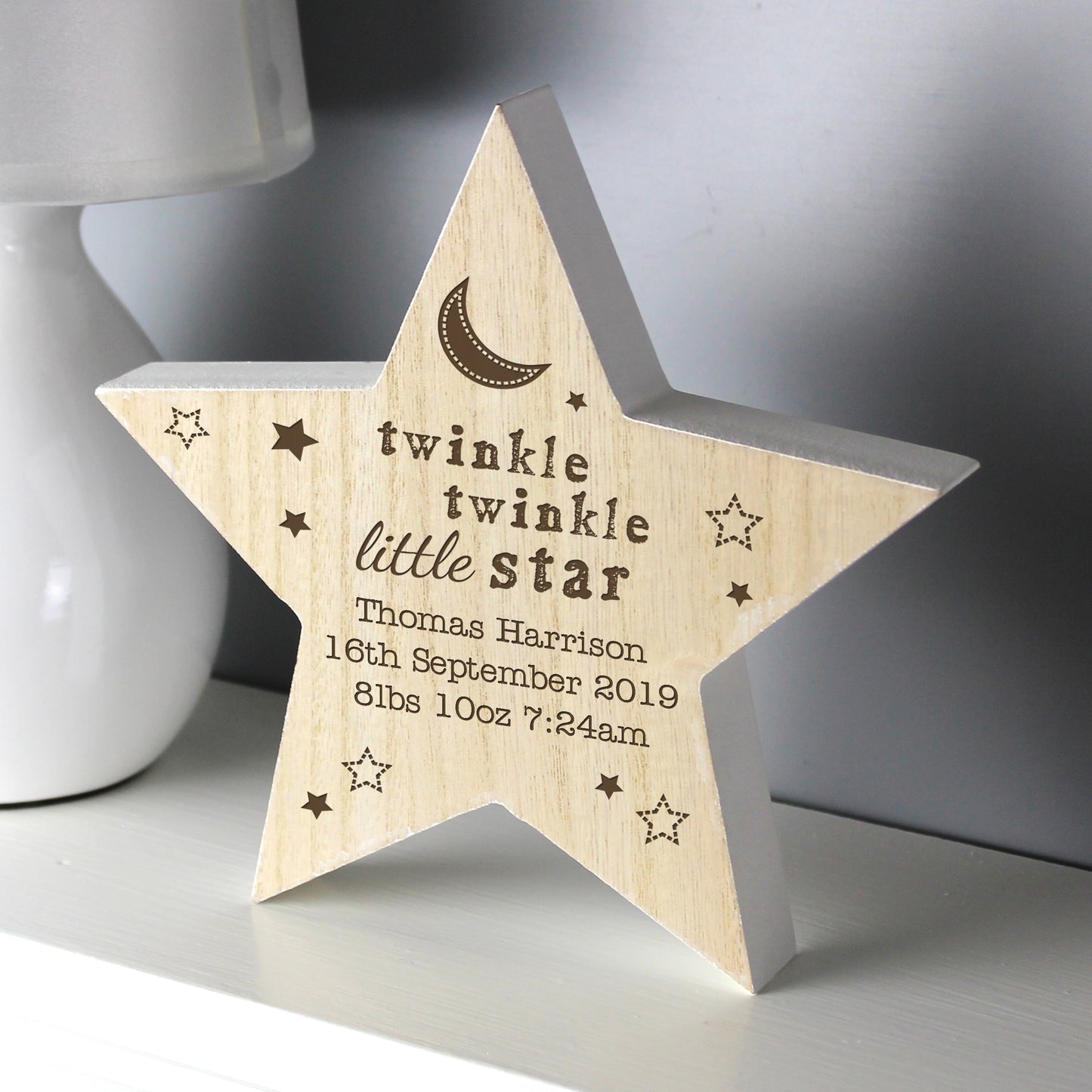 Personalised Twinkle Twinkle Rustic Wooden Star Decoration - image 4