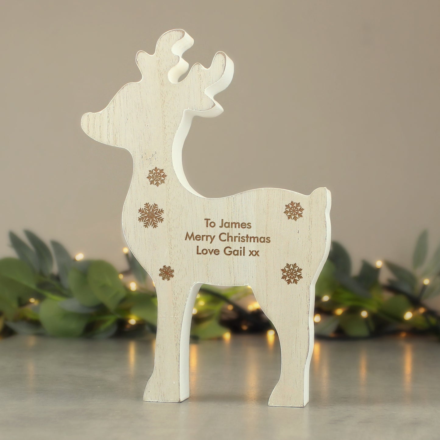 Personalised Rustic Wooden Reindeer Decoration from Heartfelt Gifts