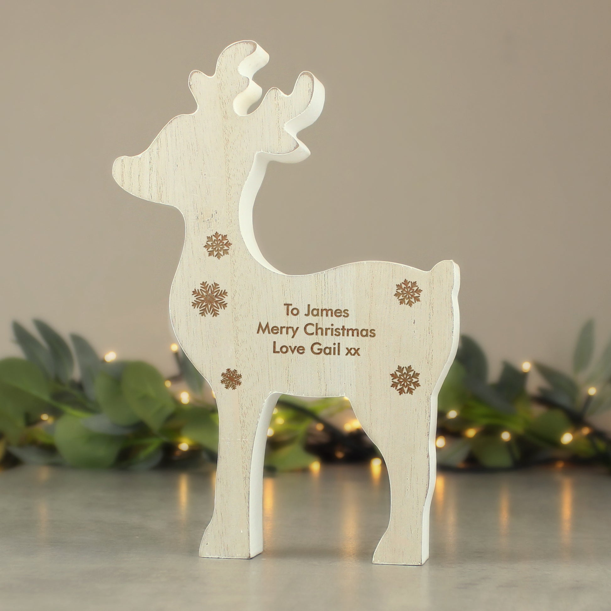 Personalised Rustic Wooden Reindeer Decoration from Heartfelt Gifts