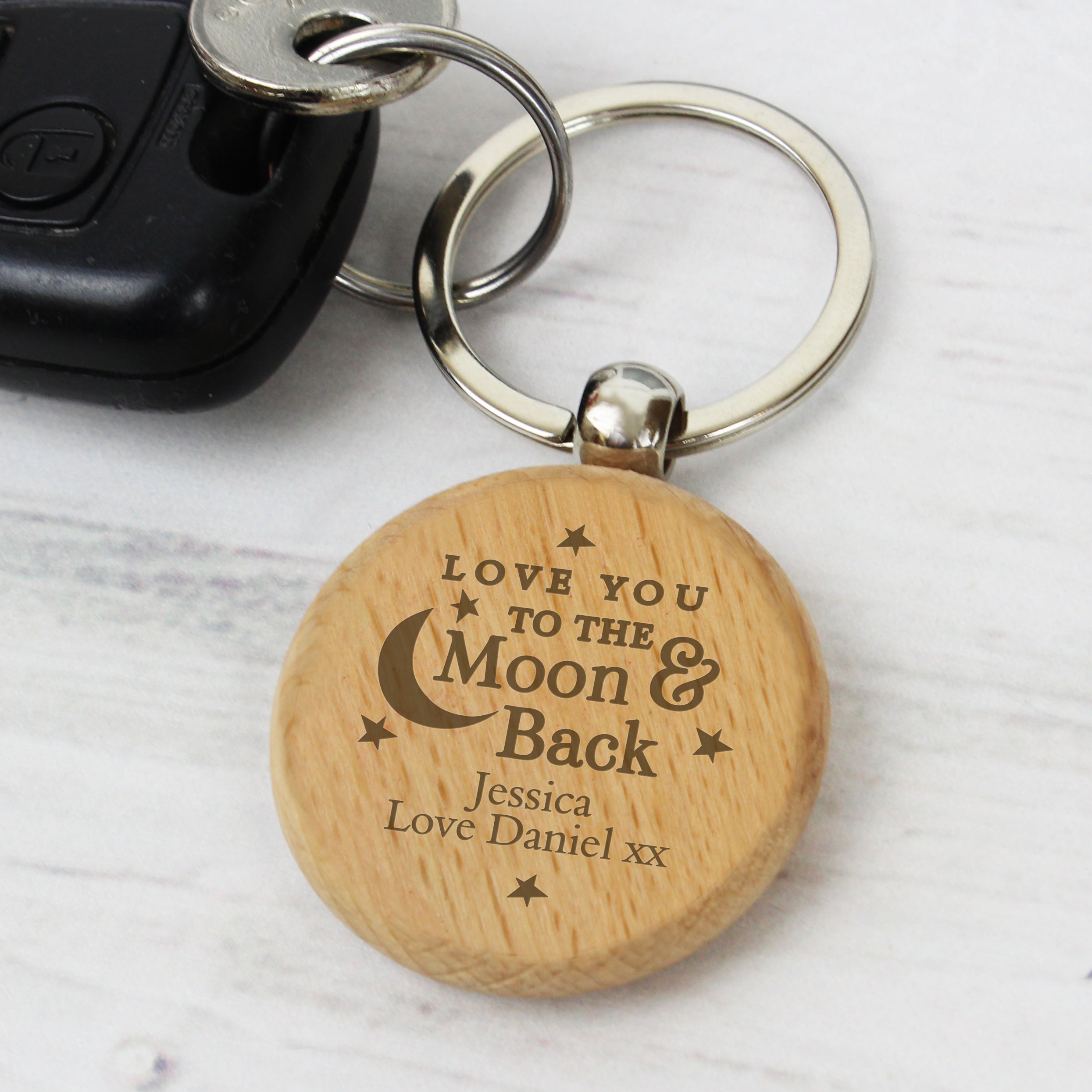 Personalised Moon & Back Wooden Keyring from Heartfelt Gifts