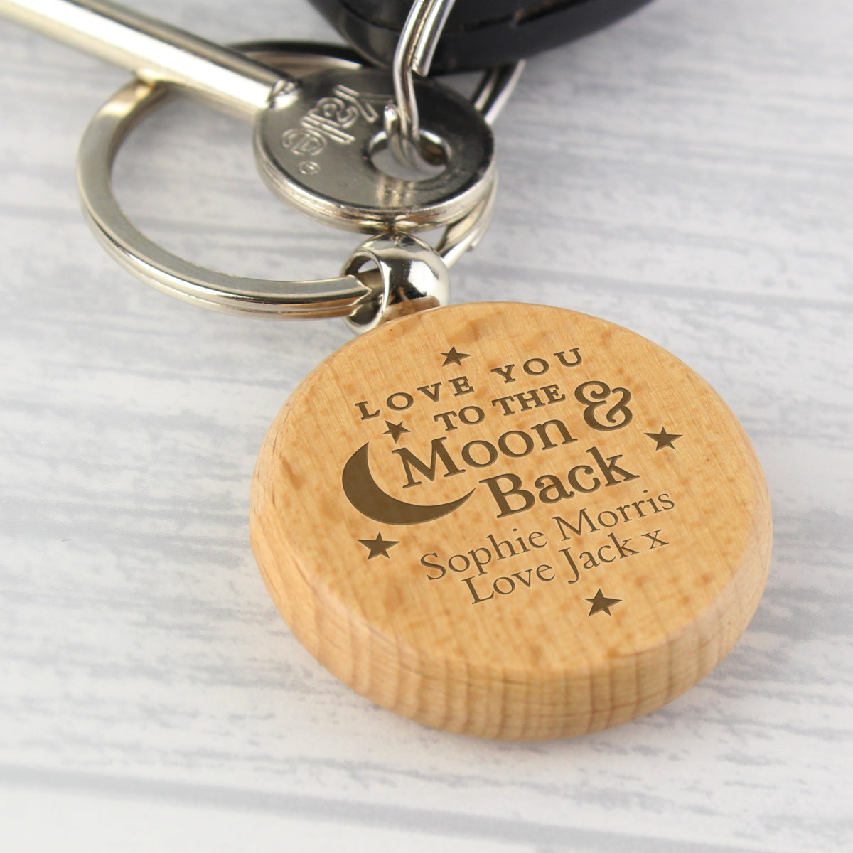 Personalised Moon & Back Wooden Keyring – additional product view 3