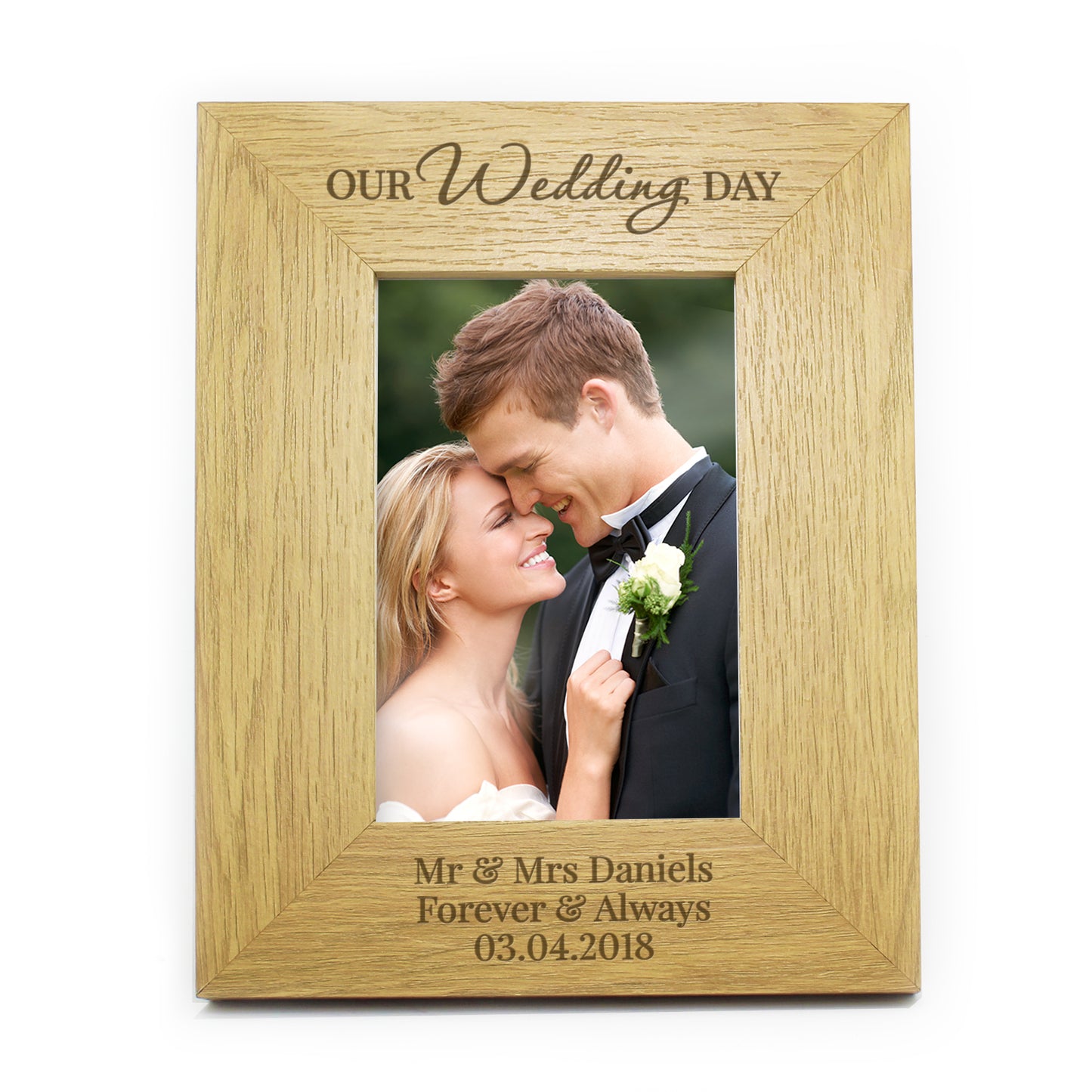 Personalised Our Wedding Day 6x4 Oak Finish Photo Frame - image 2