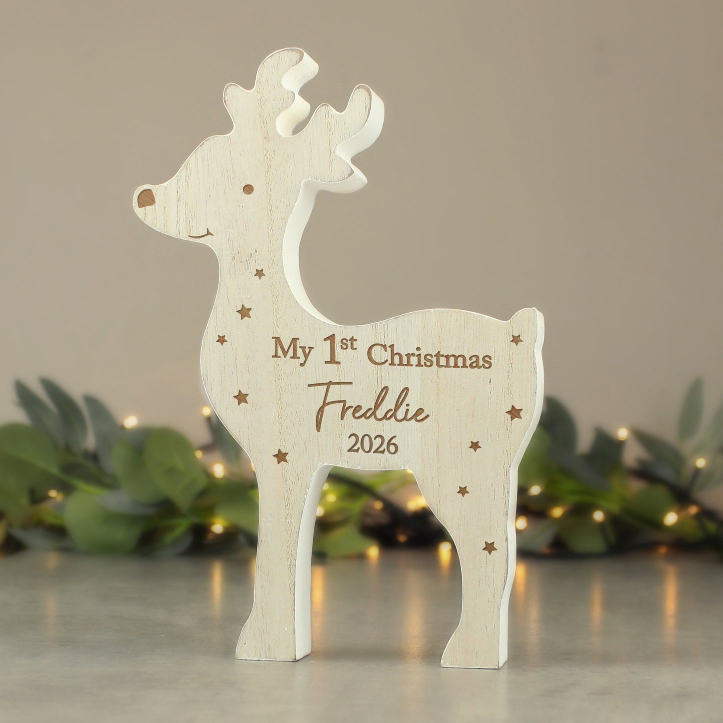 Personalised '1st Christmas' Rustic Wooden Reindeer Decoration from Heartfelt Gifts