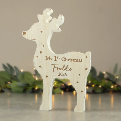 Personalised '1st Christmas' Rustic Wooden Reindeer Decoration from Heartfelt Gifts