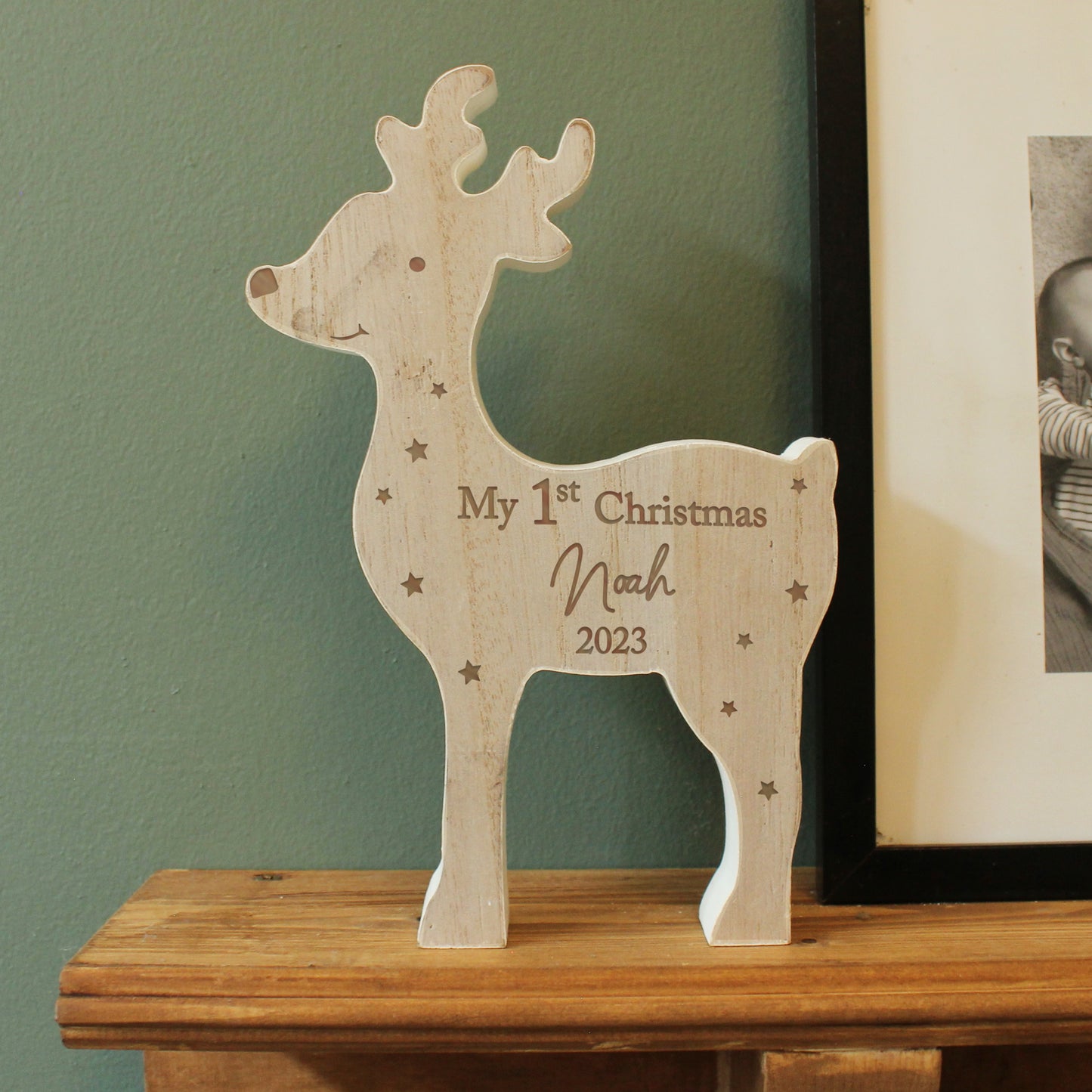 Personalised '1st Christmas' Rustic Wooden Reindeer Decoration - image 3