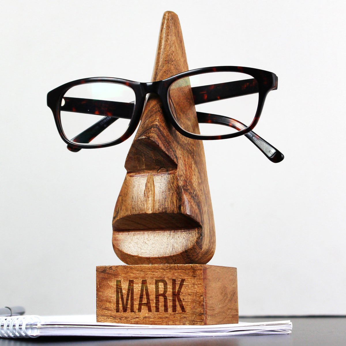 Personalised name-only Acacia wood nose-shaped glasses holder