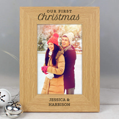 Personalised 'Our First Christmas' 6x4 Oak Finish Photo Frame - image 3