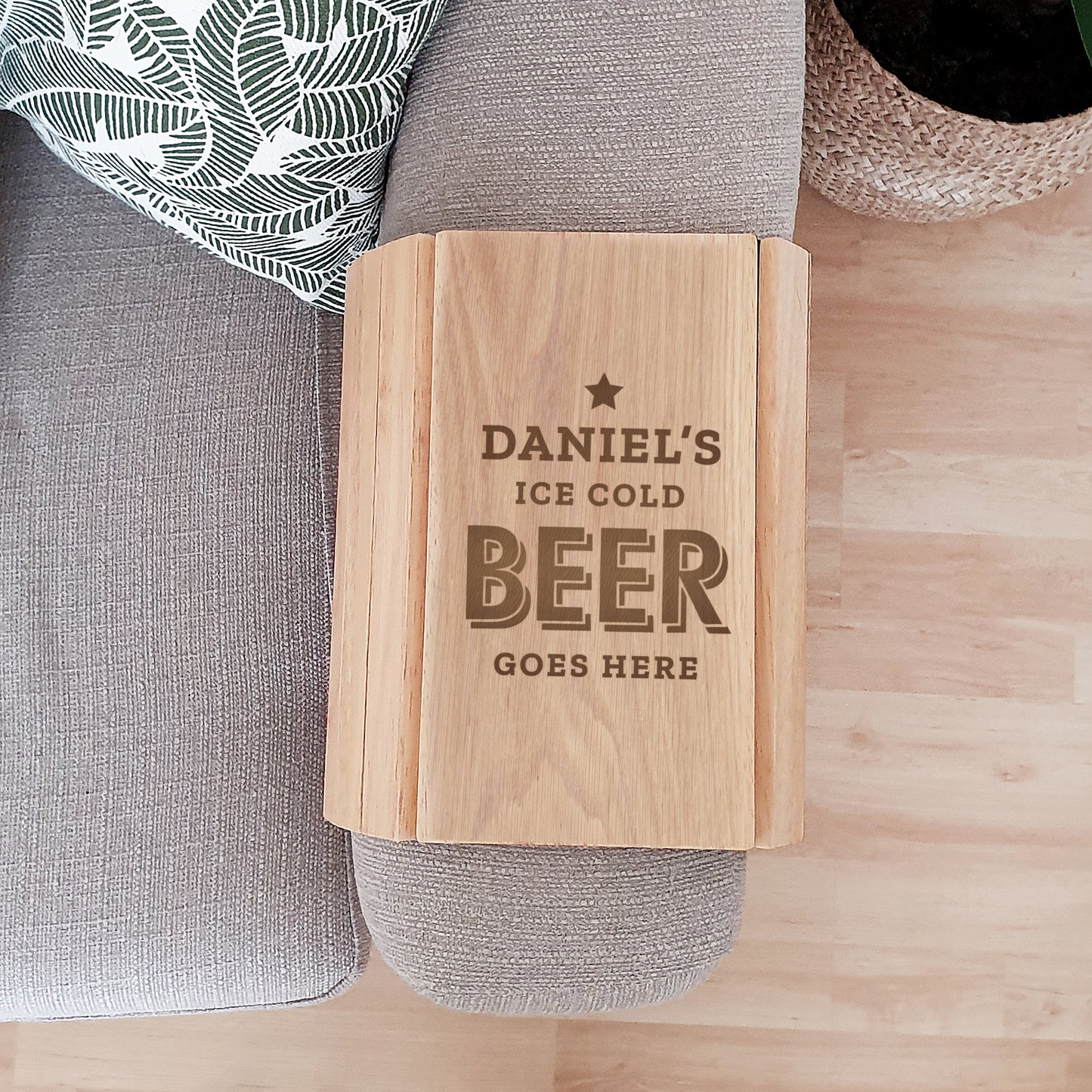 Personalised Beer Goes Here Wooden Sofa Tray from Heartfelt Gifts