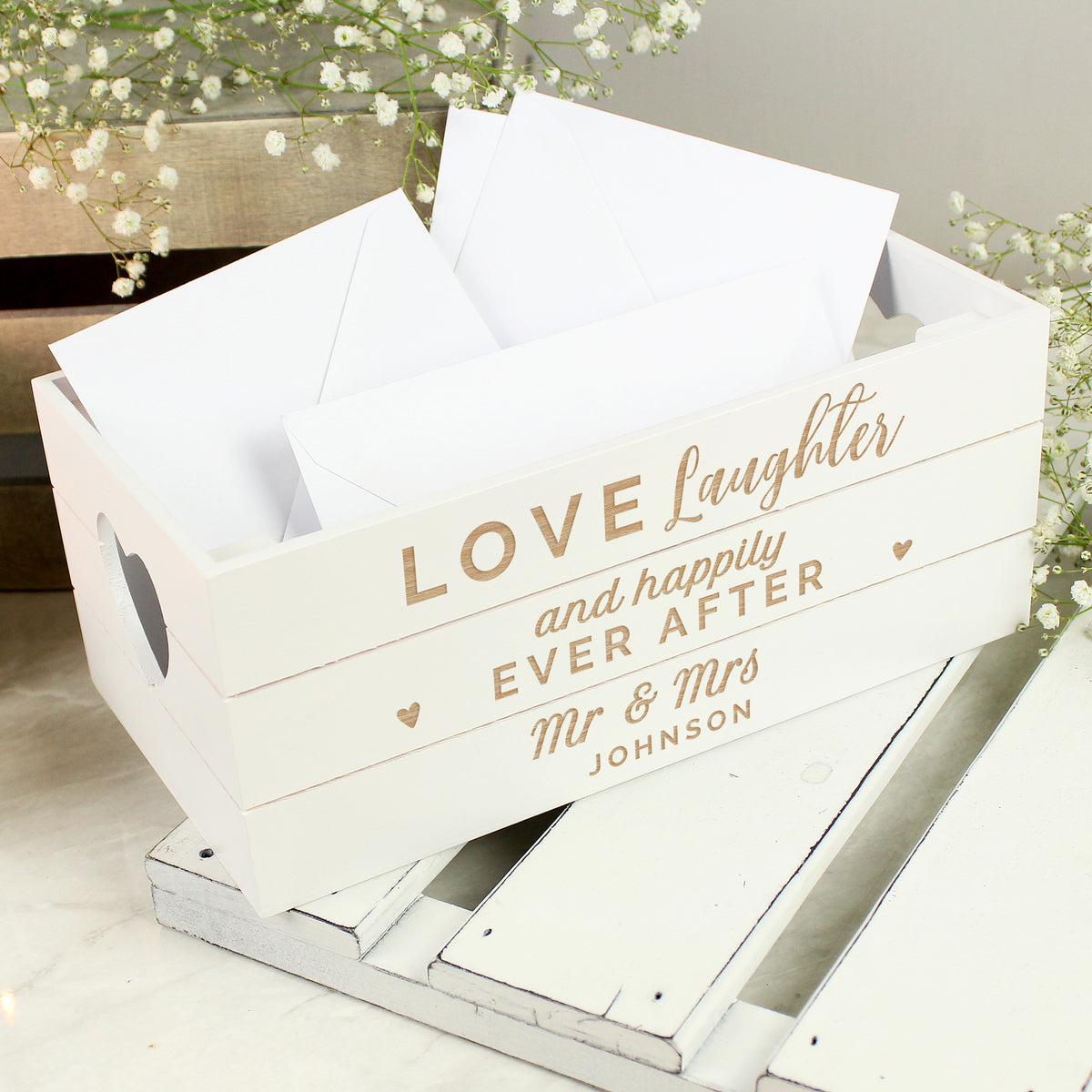 Personalised Love Laughter & ... White Wooden Crate from Heartfelt Gifts