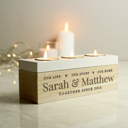 Personalised Our Life Story & Home Triple Tea Light Box from Heartfelt Gifts