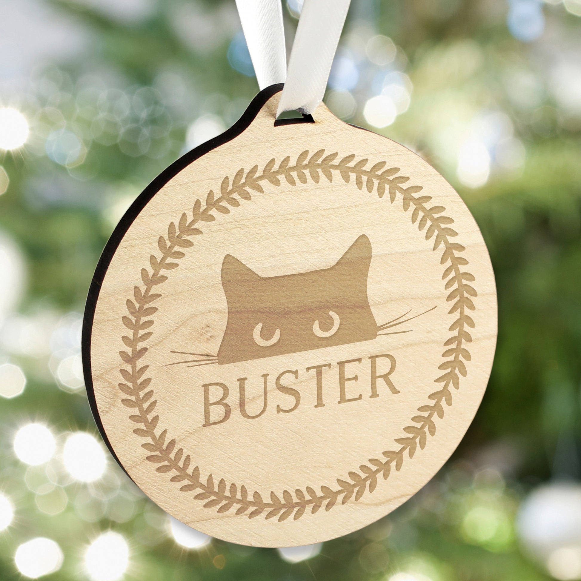 Personalised Cat Round Wooden Bauble from Heartfelt Gifts