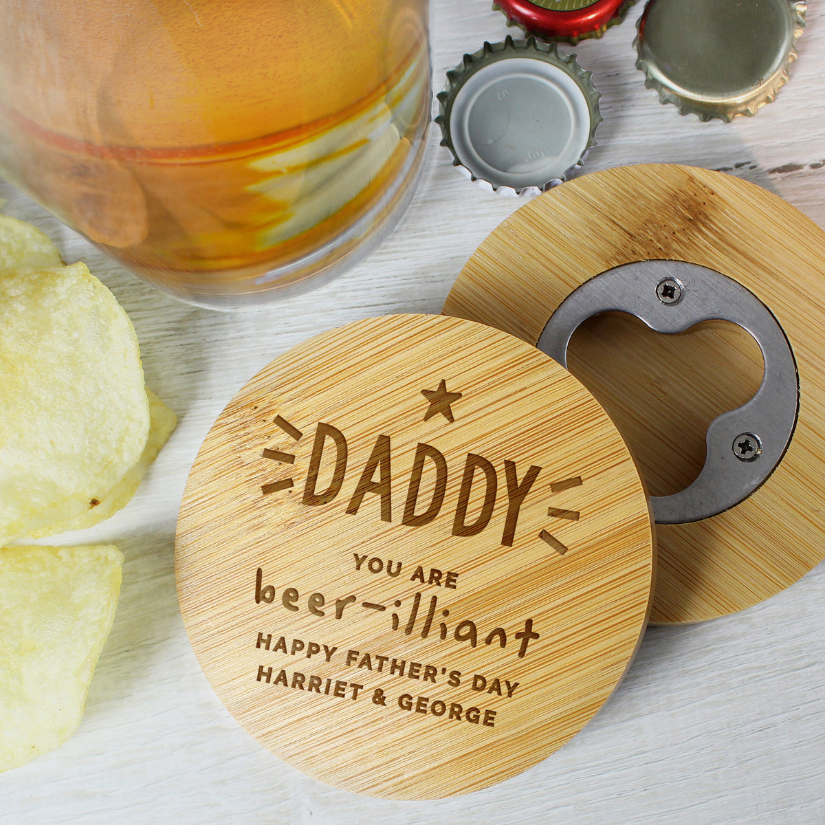 Personalised Star Bamboo Bottle Opener Coaster – product detail view