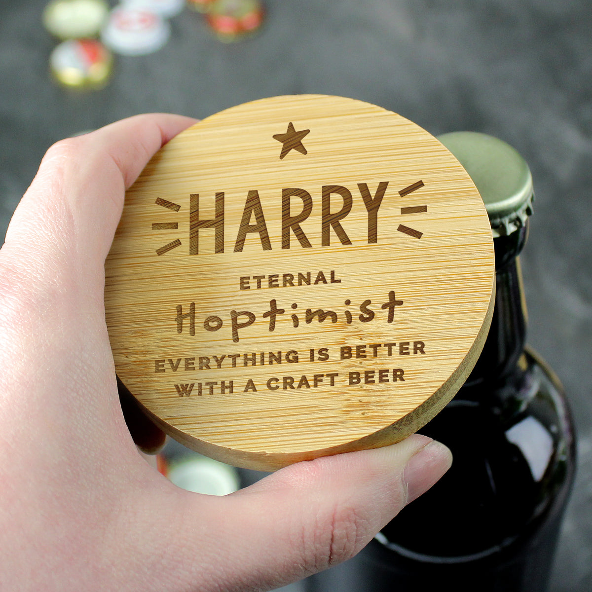 Personalised Star Bamboo Bottle Opener Coaster – alternate view