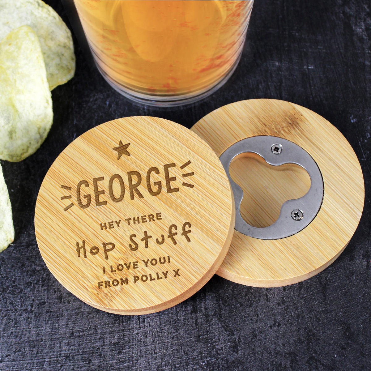Personalised Star Bamboo Bottle Opener Coaster – additional product view