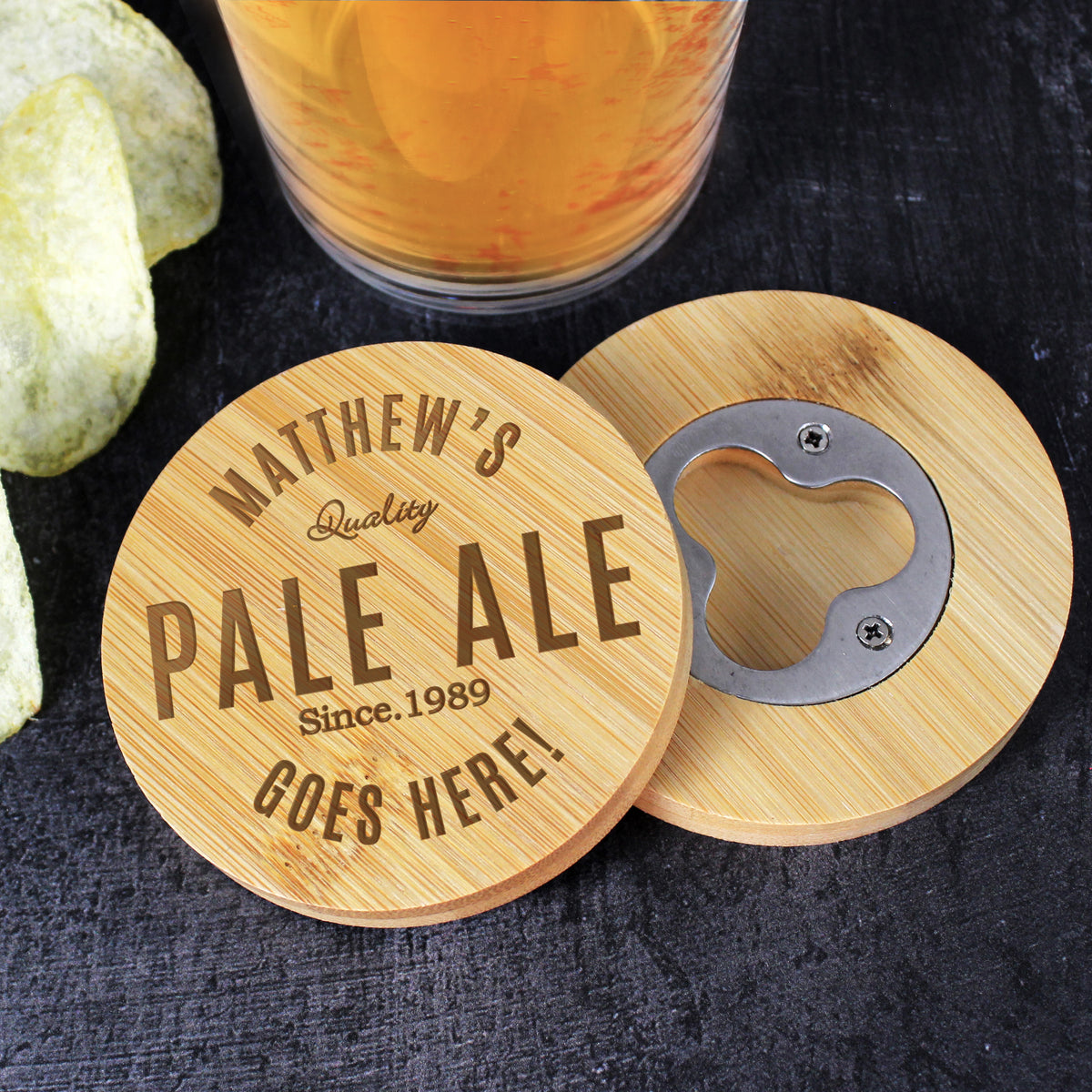 Personalised Free Text Bamboo Bottle Opener Coaster – personalised design example