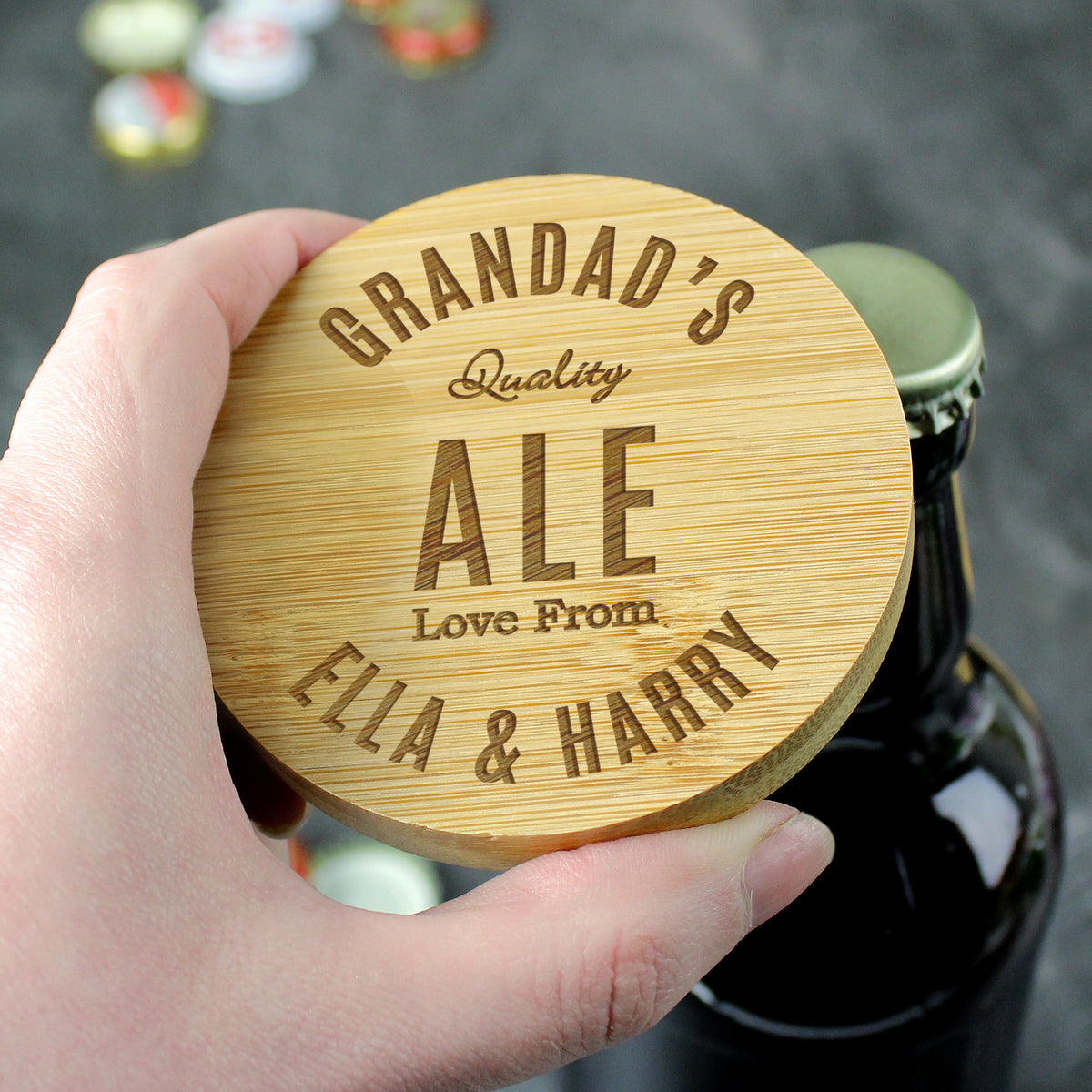 Personalised Free Text Bamboo Bottle Opener Coaster – additional product view