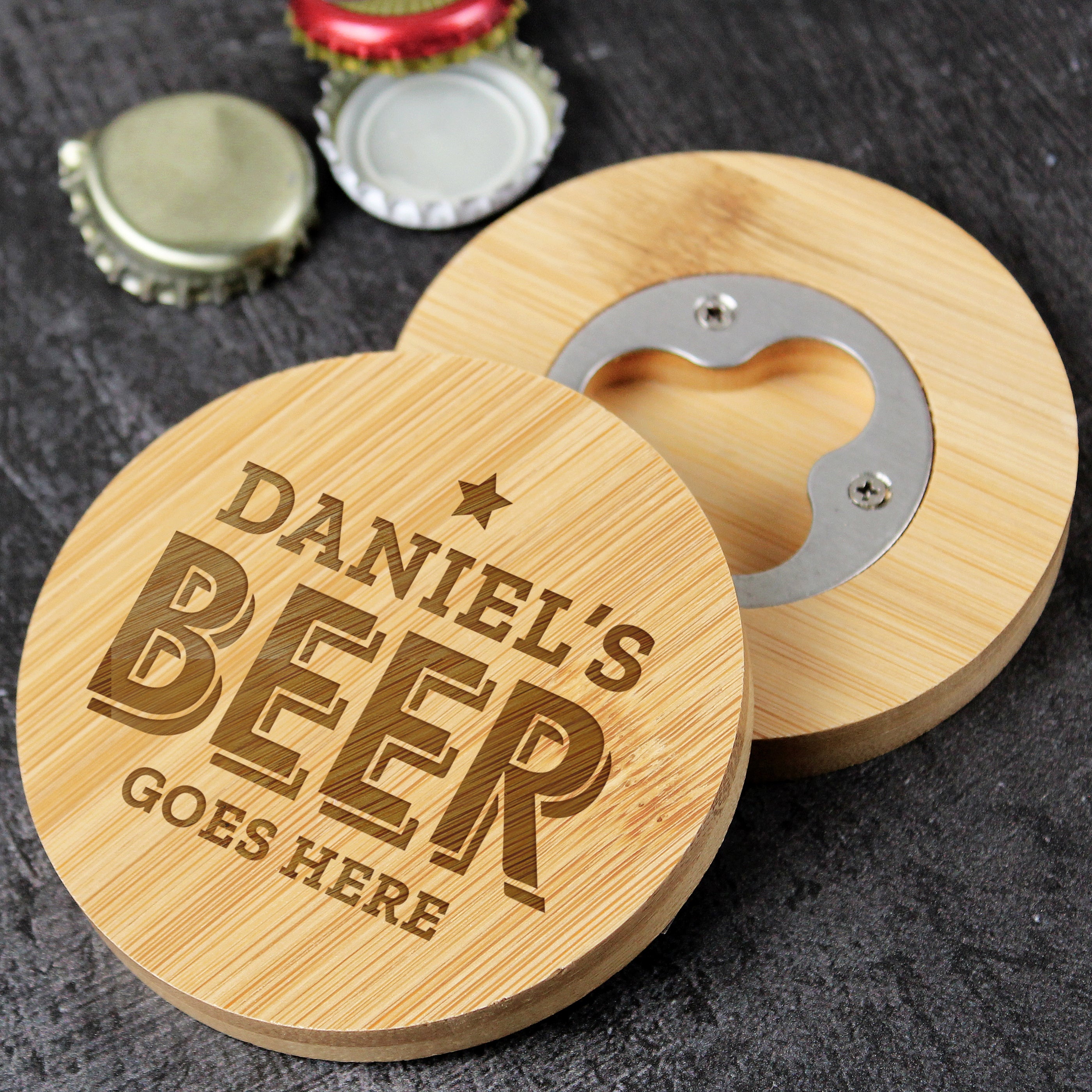 Personalised Beer Goes Here Bamboo Bottle Opener Coaster from Heartfelt Gifts
