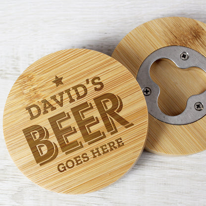 Personalised Beer Goes Here Bamboo Bottle Opener Coaster – alternate view