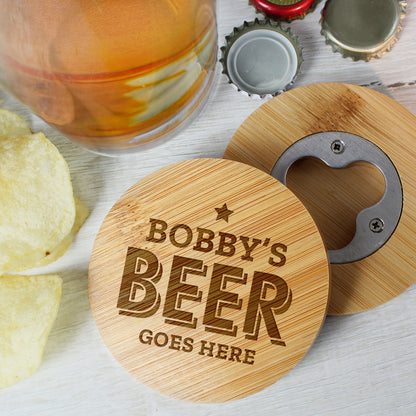 Personalised Beer Goes Here Bamboo Bottle Opener Coaster – additional gallery view