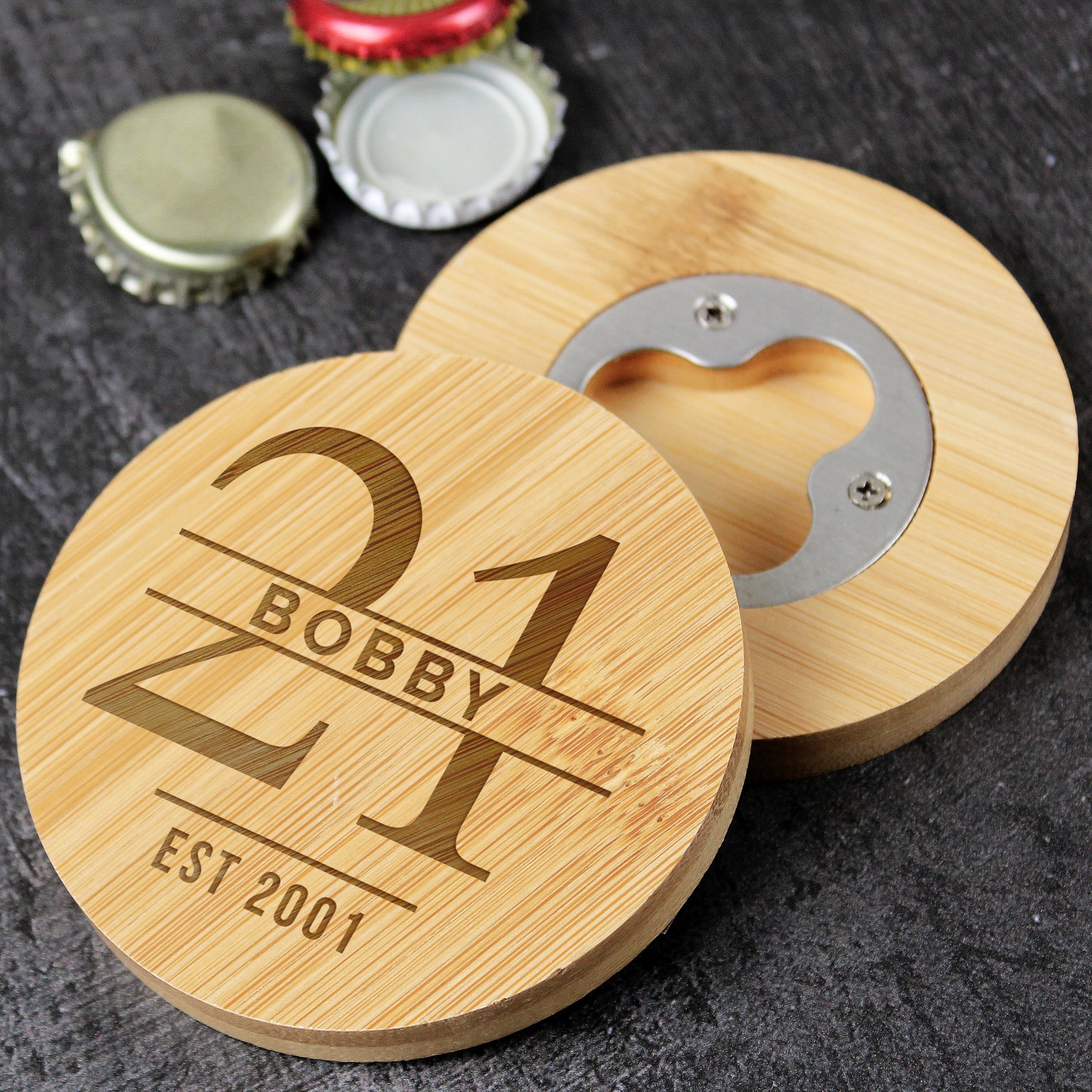 Personalised Big Age Bamboo Bottle Opener Coaster from Heartfelt Gifts
