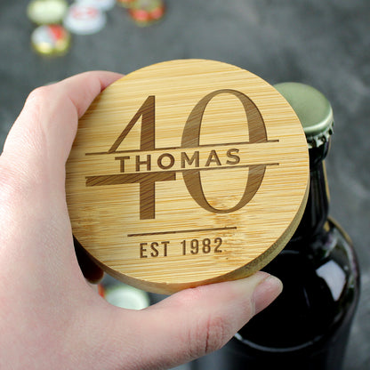 Personalised Big Age Bamboo Bottle Opener Coaster - image 2