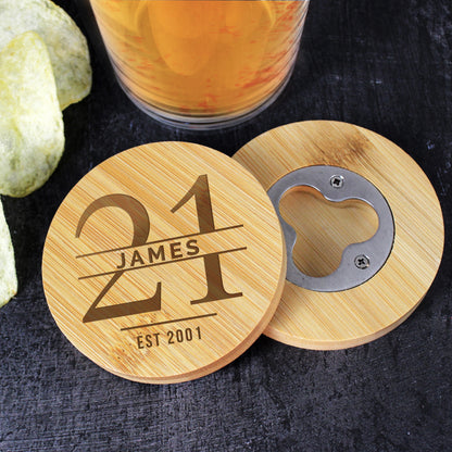 Personalised Big Age Bamboo Bottle Opener Coaster - image 4