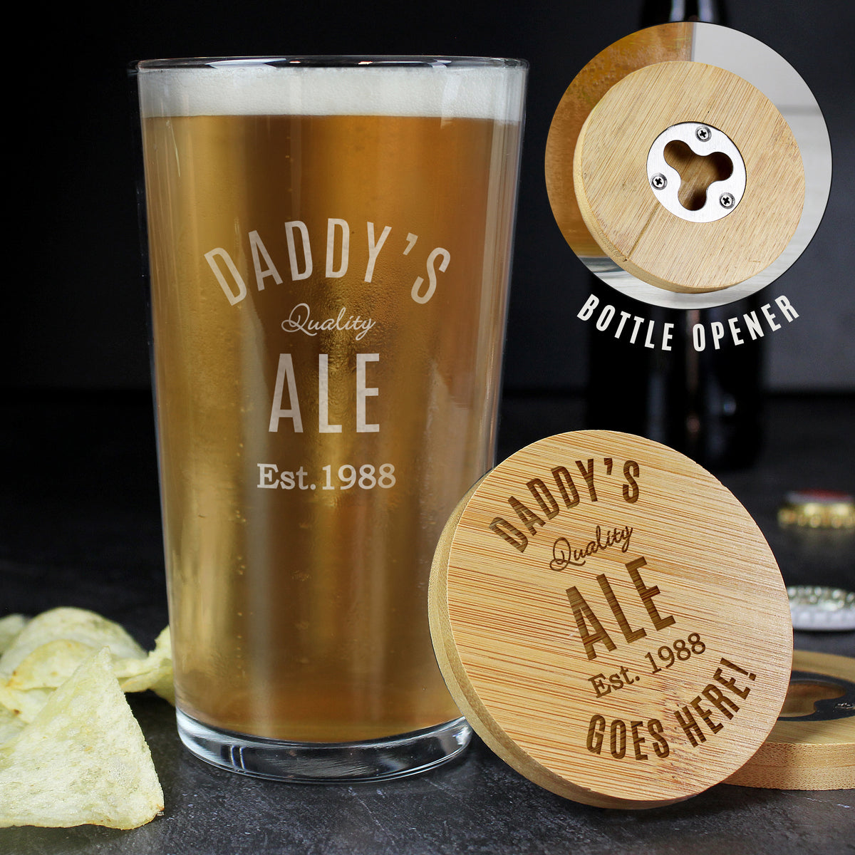 Personalised Free Text Bamboo Bottle Opener Coaster and Pint Glass from Heartfelt Gifts