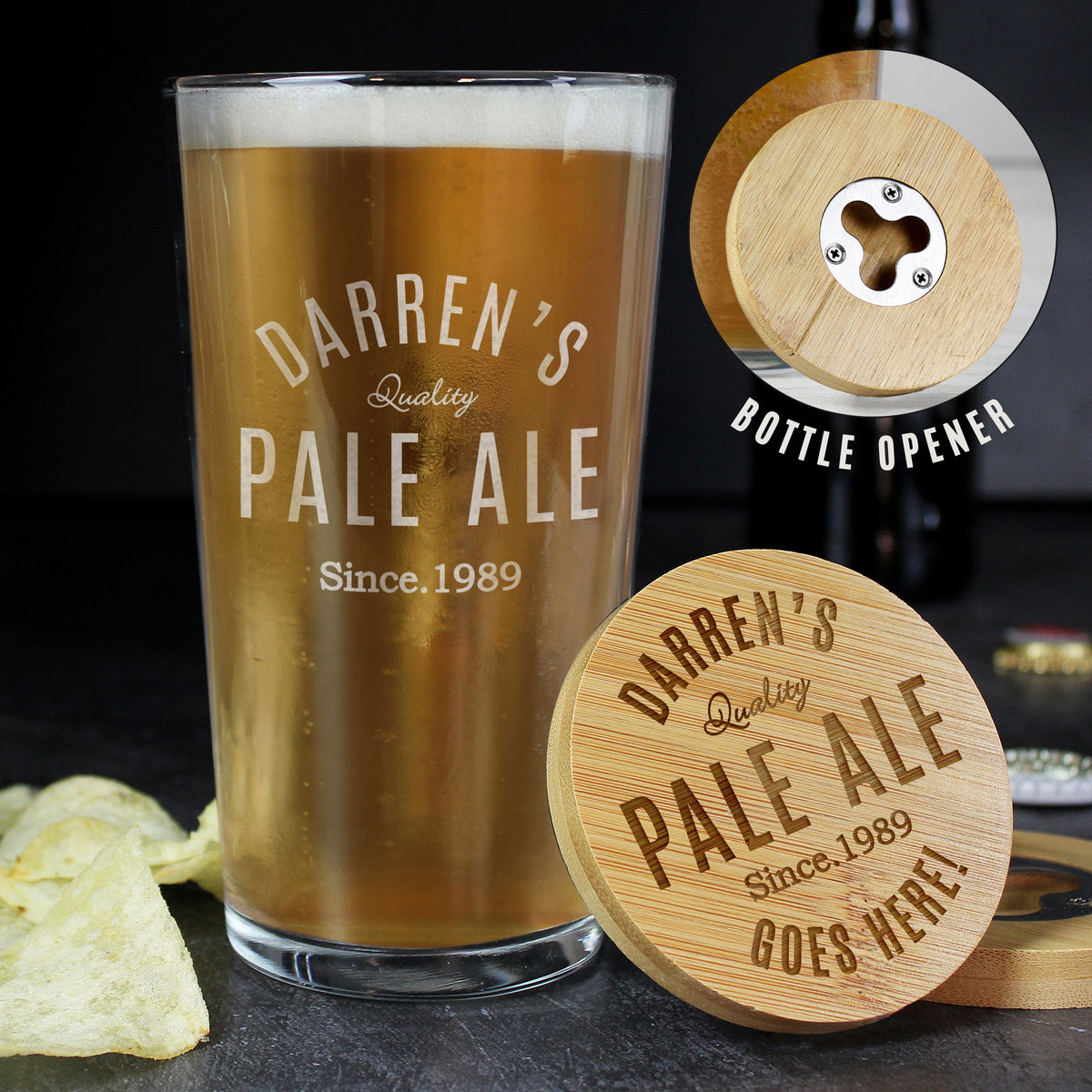 Personalised Free Text Bamboo Bottle Opener Coaster and Pint Glass - image 11