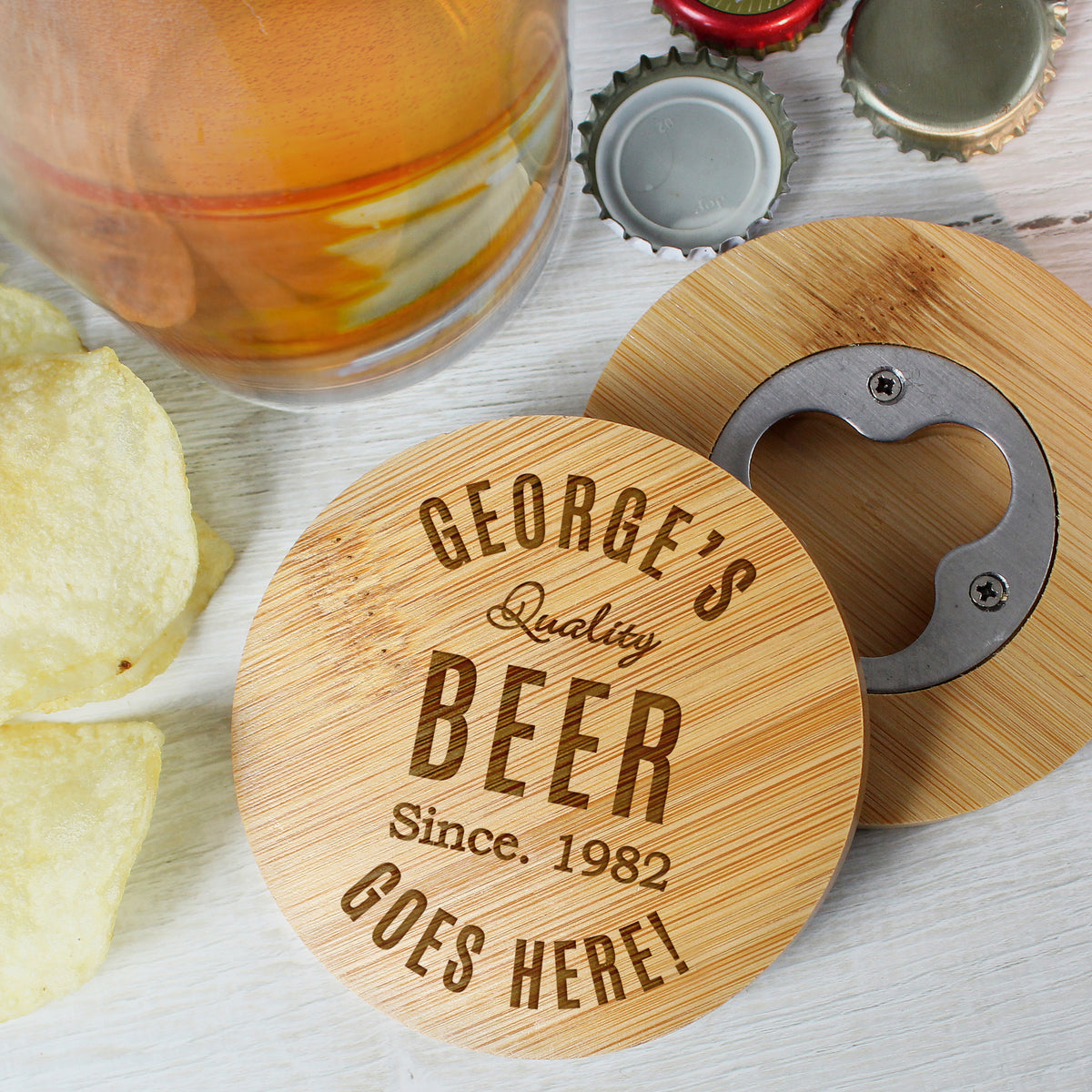 Personalised Free Text Bamboo Bottle Opener Coaster and Pint Glass - image 4