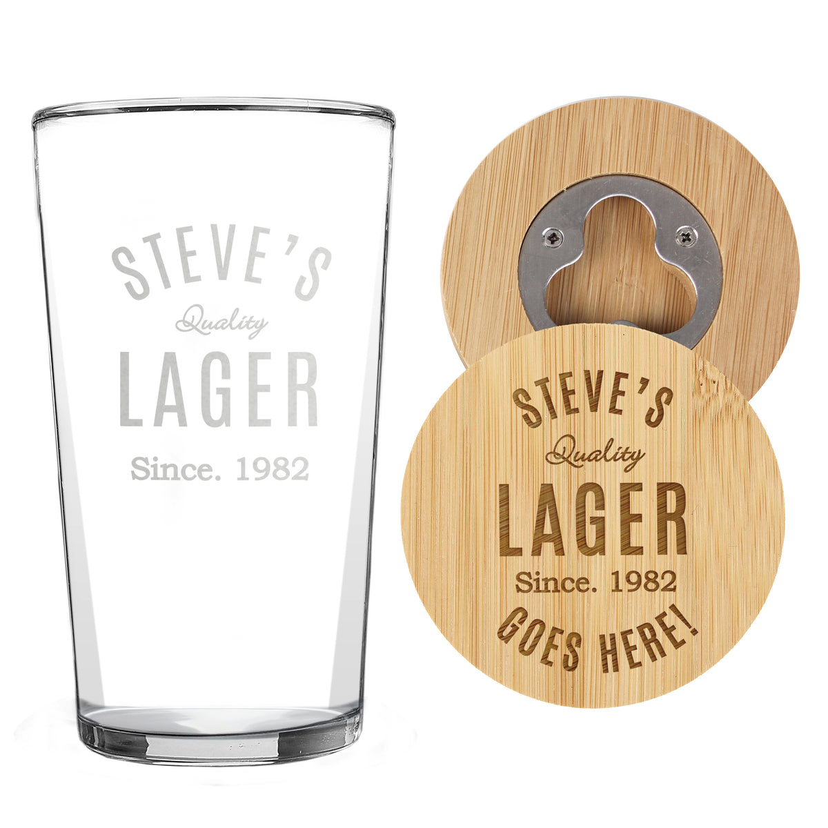 Personalised Free Text Bamboo Bottle Opener Coaster and Pint Glass - image 5