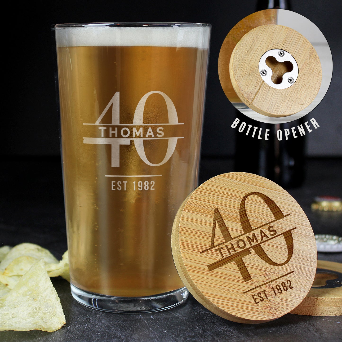 Personalised Big Age Bamboo Bottle Opener Coaster and Pint Glass Set from Heartfelt Gifts