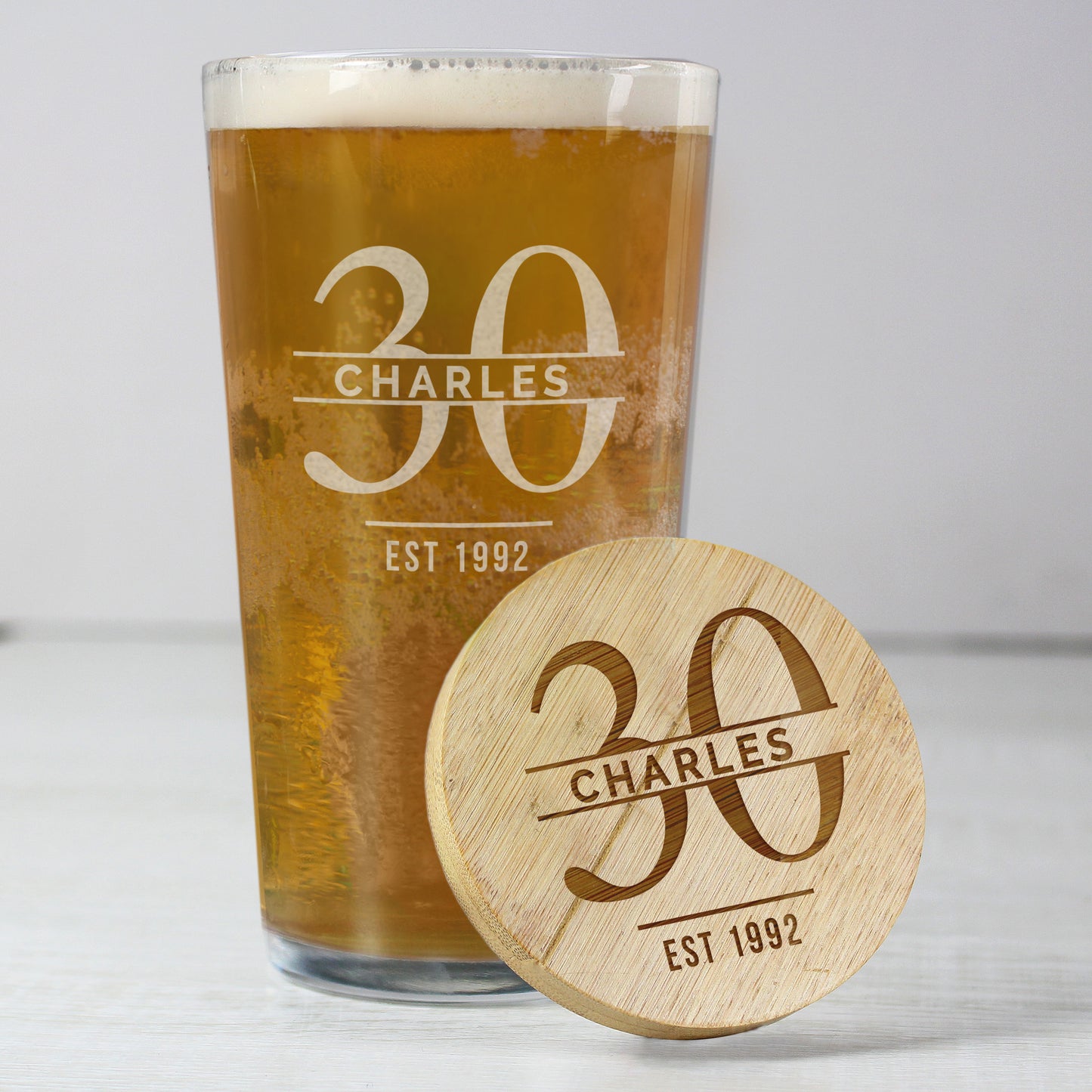 Personalised Big Age Bamboo Bottle Opener Coaster and Pint Glass Set - image 2