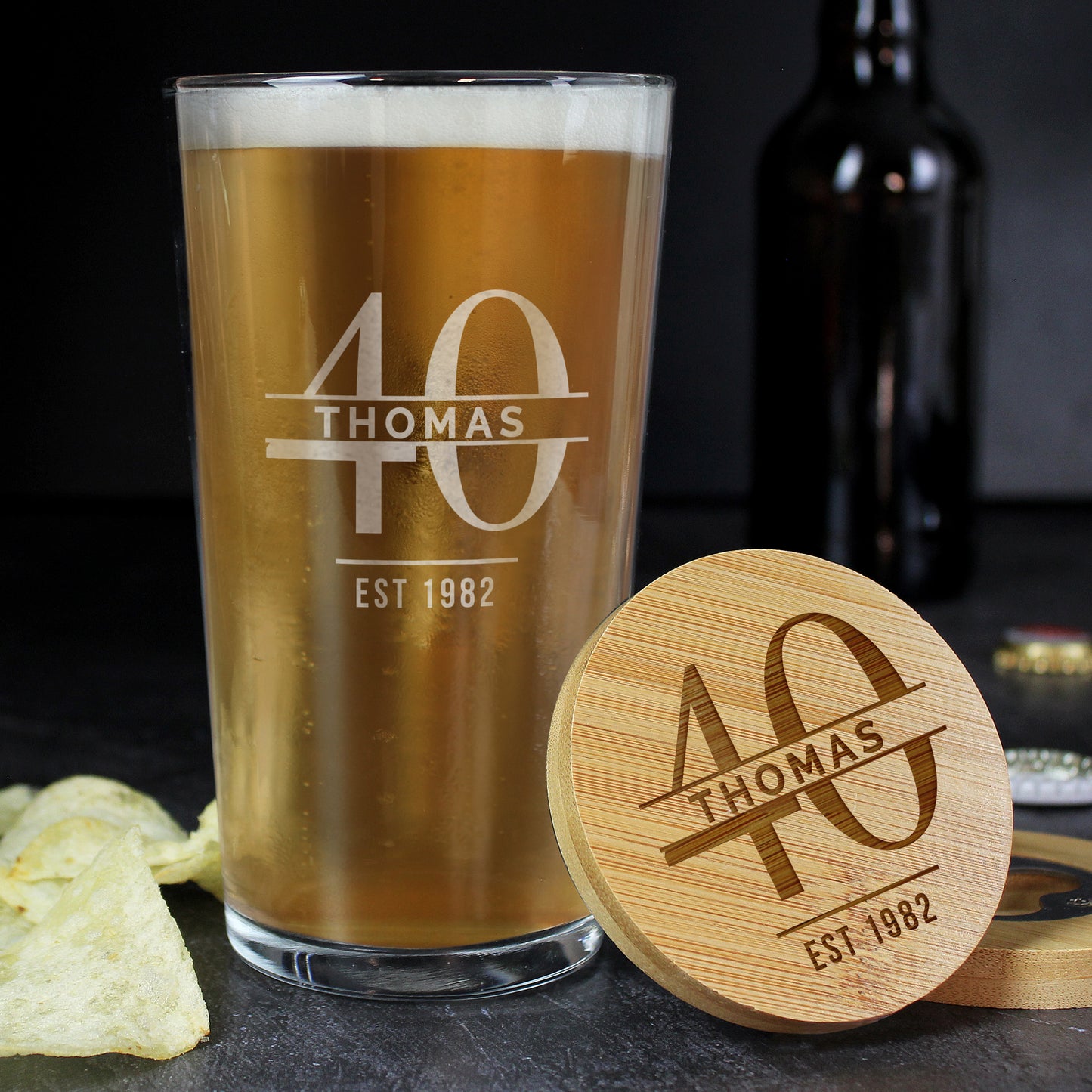 Personalised Big Age Bamboo Bottle Opener Coaster and Pint Glass Set - image 3
