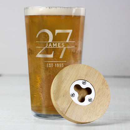 Personalised Big Age Bamboo Bottle Opener Coaster and Pint Glass Set - image 4
