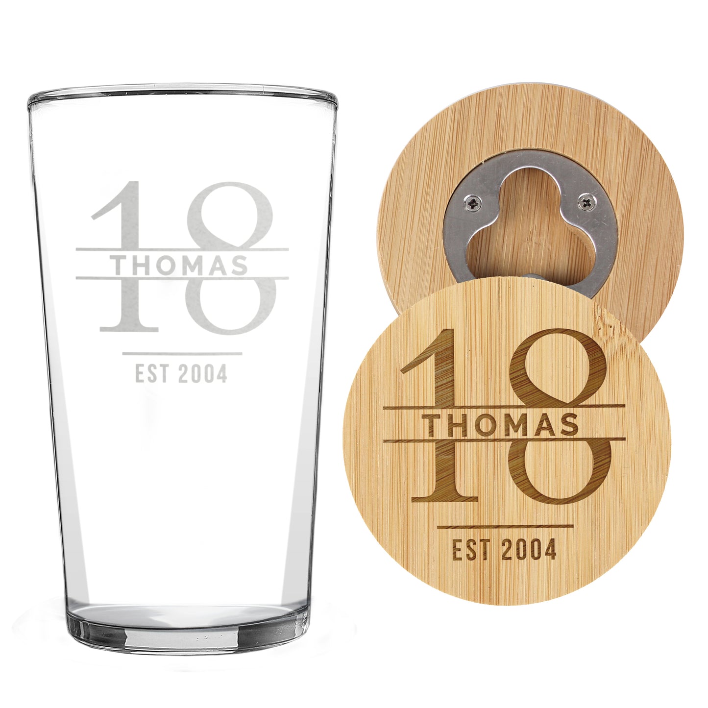 Personalised Big Age Bamboo Bottle Opener Coaster and Pint Glass Set - image 5