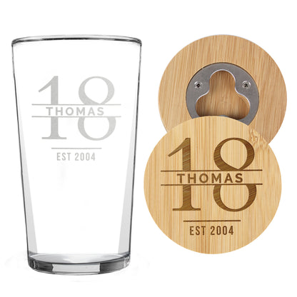 Personalised Big Age Bamboo Bottle Opener Coaster and Pint Glass Set - image 5