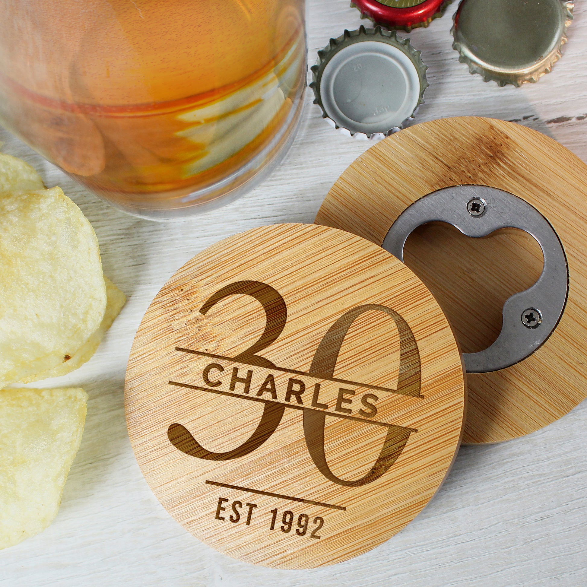 Personalised Big Age Bamboo Bottle Opener Coaster and Pint Glass Set - image 6