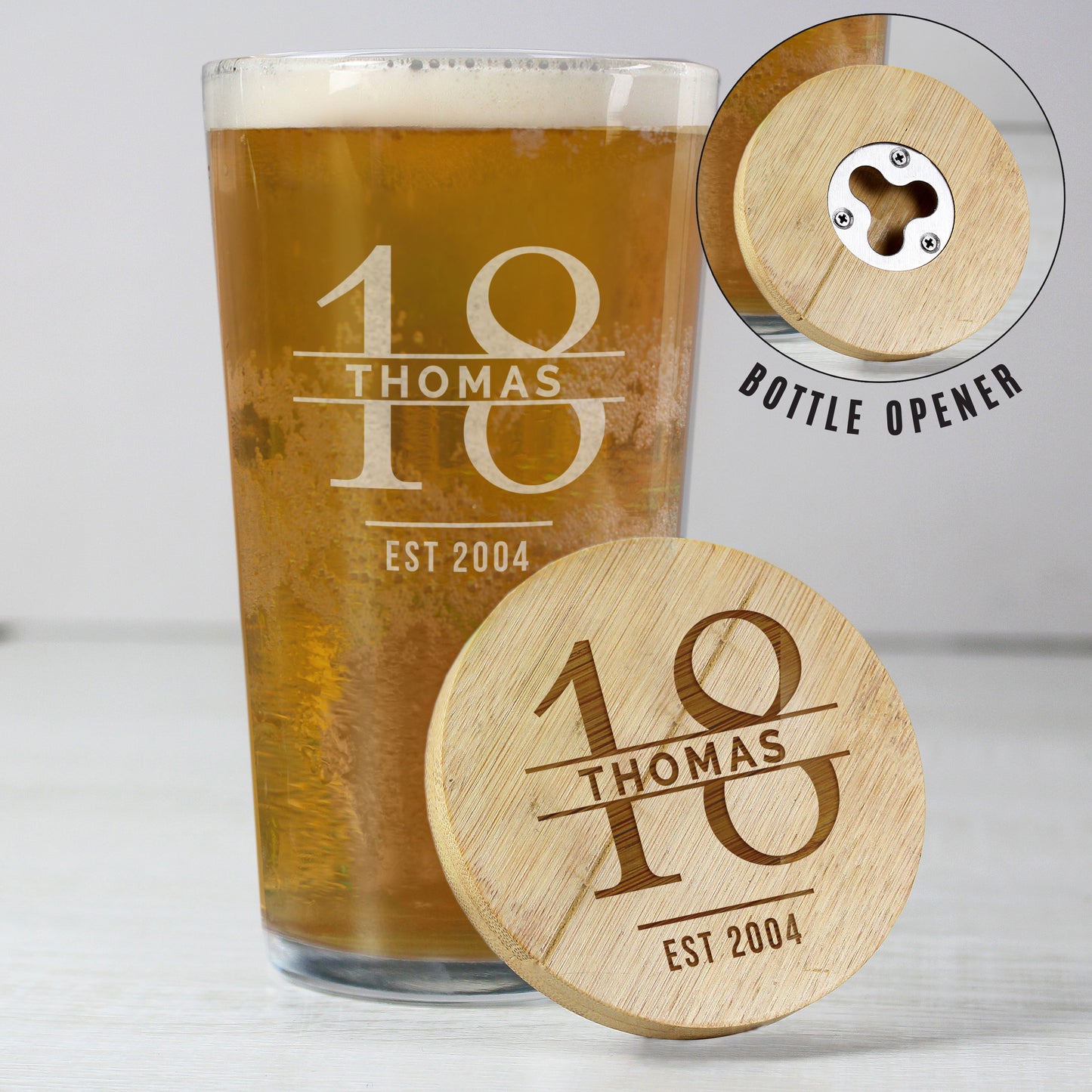 Personalised Big Age Bamboo Bottle Opener Coaster and Pint Glass Set - image 7