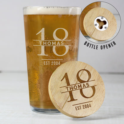 Personalised Big Age Bamboo Bottle Opener Coaster and Pint Glass Set - image 7