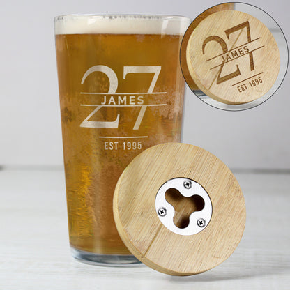 Personalised Big Age Bamboo Bottle Opener Coaster and Pint Glass Set - image 8