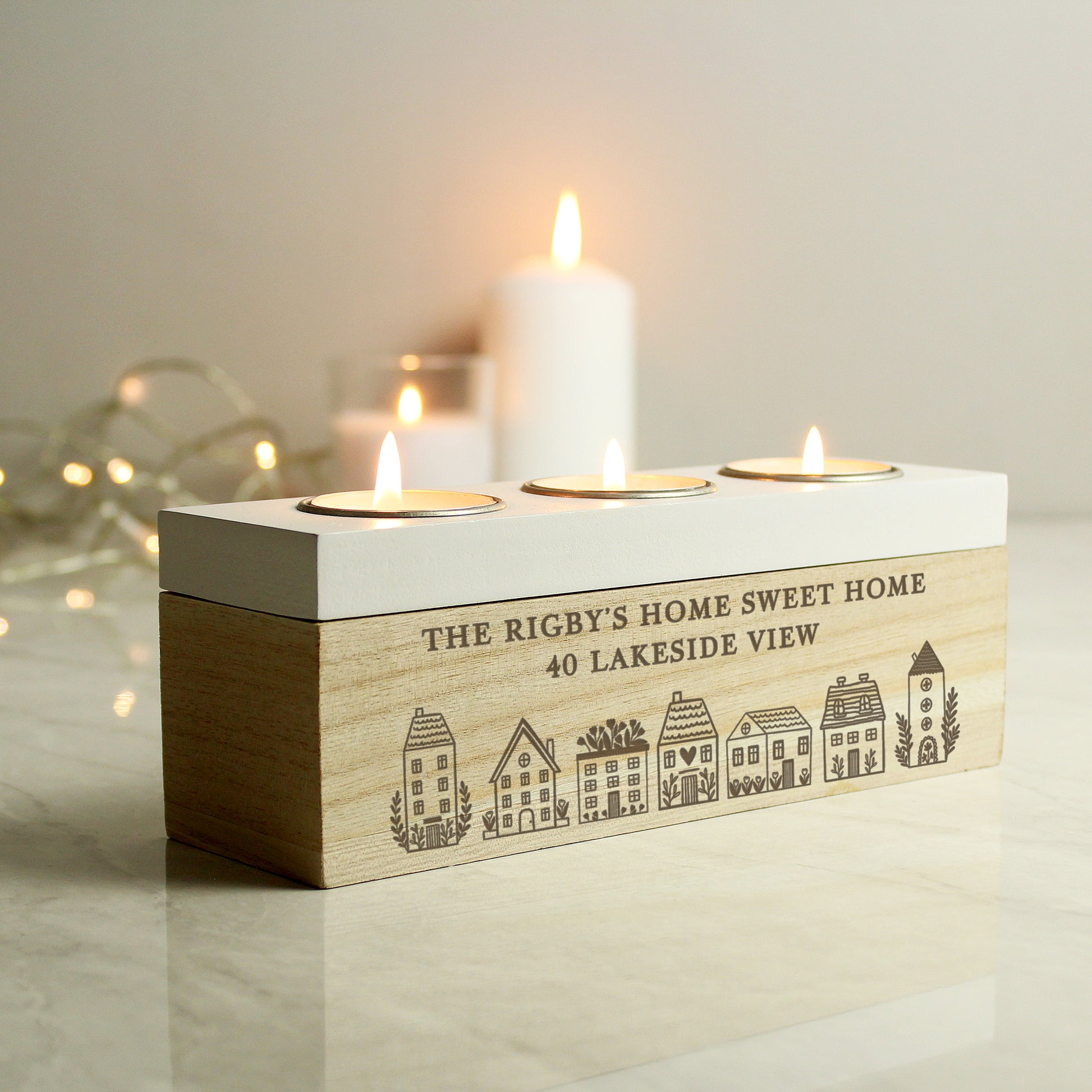 Personalised HOME Triple Tea Light Box from Heartfelt Gifts